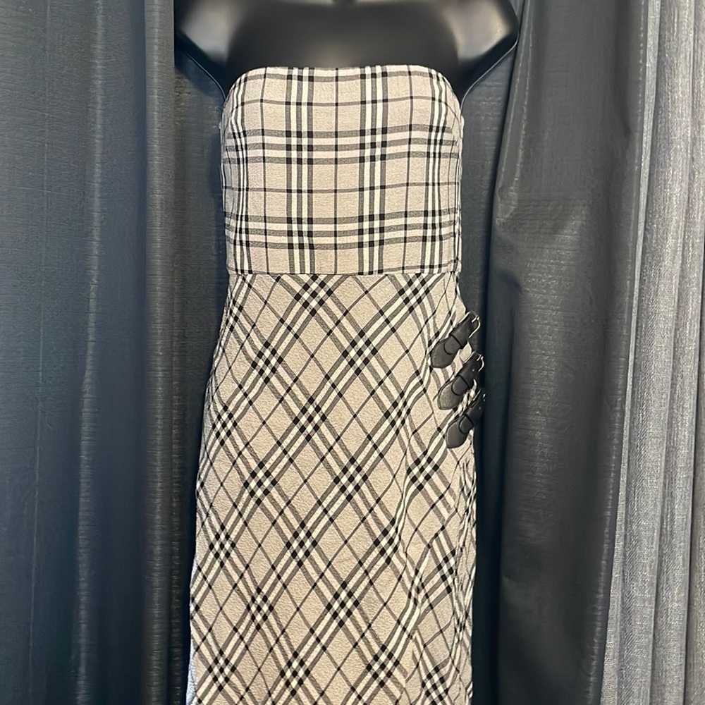 Majorelle black and white plaid strapless dress with slit/ buckle detail